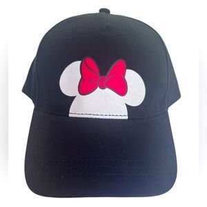 Disney Black Baseball Hat with a White Minnie Mouse Wearing a Red Bow Appliqué.